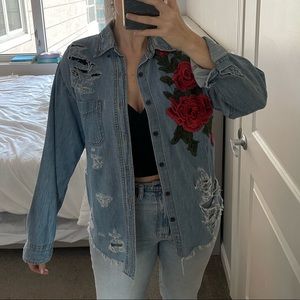 LF Furst of a Kind Distressed Denim Button Down Embroidered with Roses